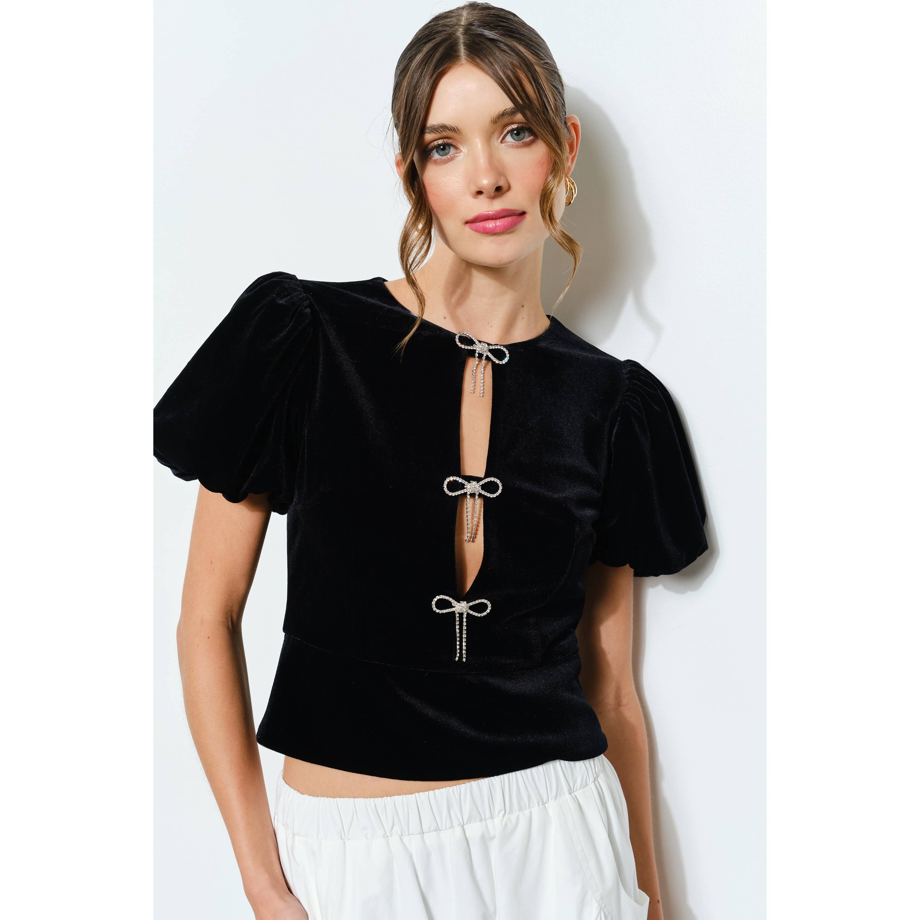 Rhinestone Bow Cutout Velvet Puff Sleeve Top – Just B Boutique NYC
