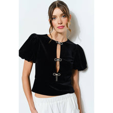 Load image into Gallery viewer, Rhinestone Bow Cutout Velvet Puff Sleeve Top