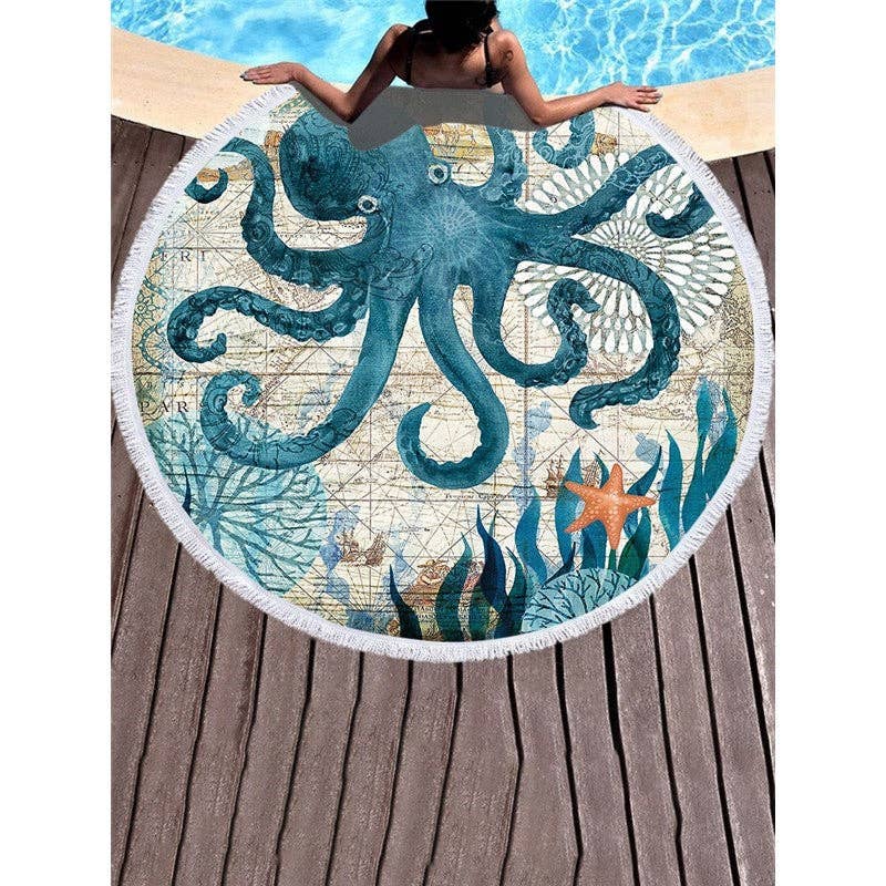 Sea Animal Printed Round Beach Towel
