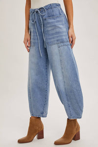 Denim Mid-Waist Drawstring Barrel Jeans