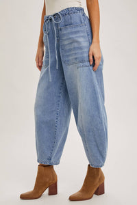Denim Mid-Waist Drawstring Barrel Jeans