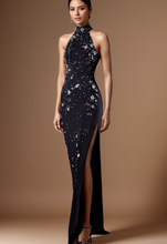 Load image into Gallery viewer, Beaded Diamond Halter Gown with Side Slit