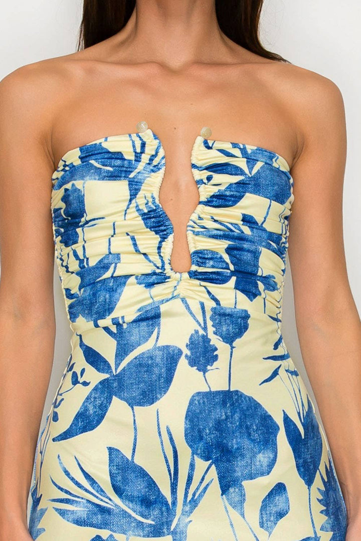 Deep V Ruched Floral Dress