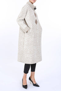 Floral Jacquard Print Embellished Faux Fur Coat