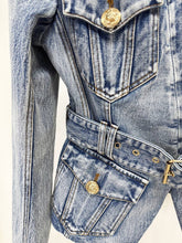 Load image into Gallery viewer, Belted Washed Denim Blazer