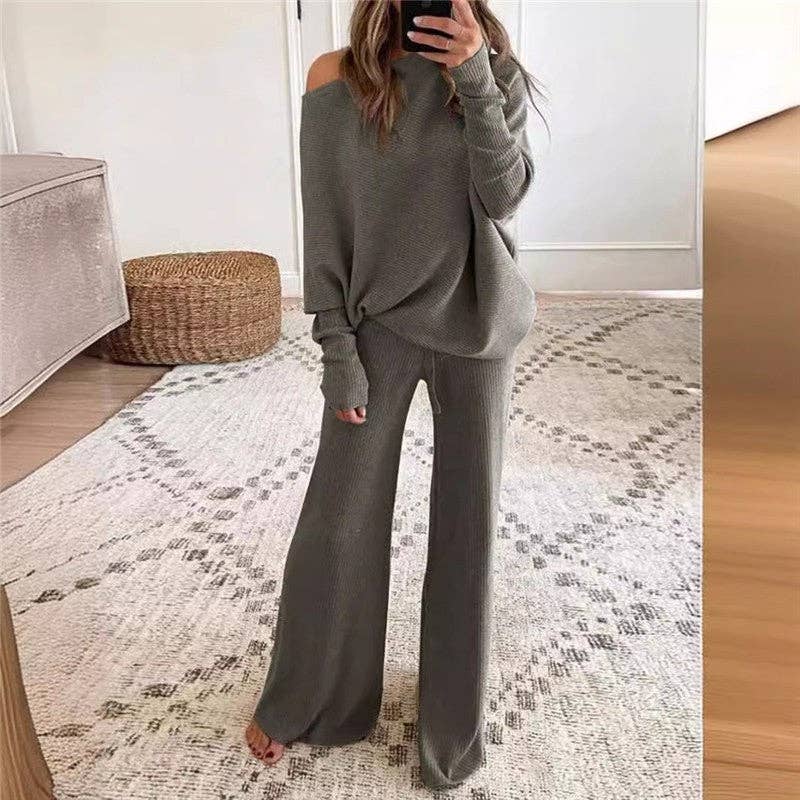 OceanusSwim - Solid Color Round Neck Long Sleeve Long Pants Knit Set