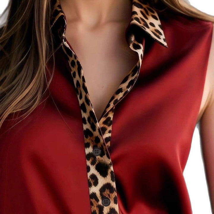 TD Wholesale Apparel - Women's Satin Leopard-Print Long-Sleeve Tailored Blouse