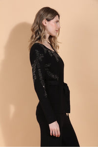 Belted Crystal Embellished V Neck