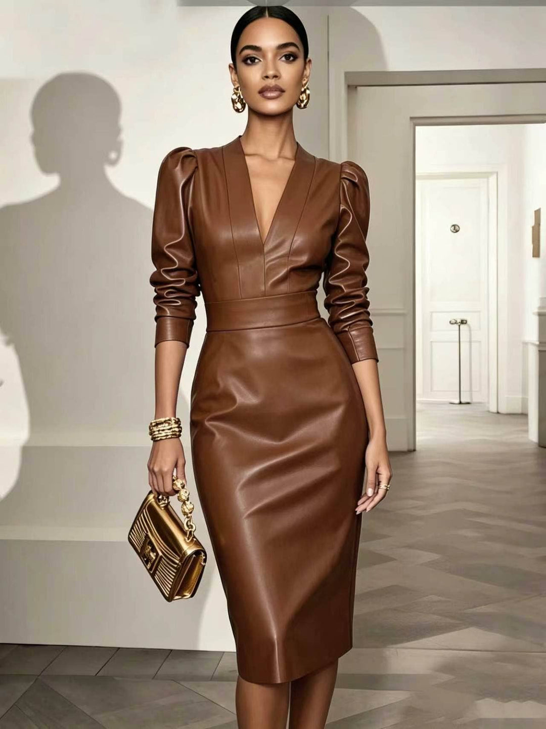 TD Wholesale Apparel - Women's Faux-Leather V-Neck Long-Sleeve Belted Bodycon Midi Dress