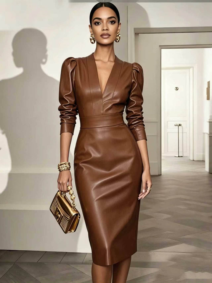 TD Wholesale Apparel - Women's Faux-Leather V-Neck Long-Sleeve Belted Bodycon Midi Dress