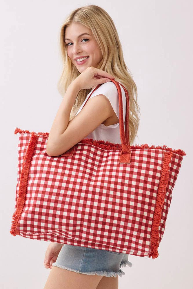 Gingham Check Terry Frayed Tote *Multiple Colors*