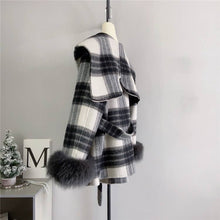 Load image into Gallery viewer, Plaid Cashmere Coat with Faux Fur and Removable Hood