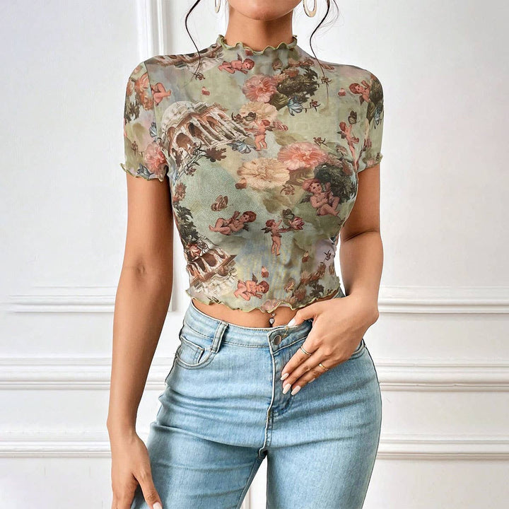 FLORAL PRINT MESH TOP WITH RUFFLE DETAIL