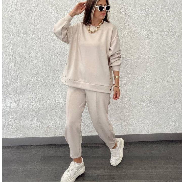 OceanusSwim - Solid Color Crewneck Long Sleeve Sweatshirt And Sport Pants Two Pieces Suit