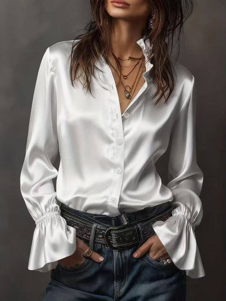 TD Wholesale Apparel - Women's Champagne Satin Long-Sleeve Blouse