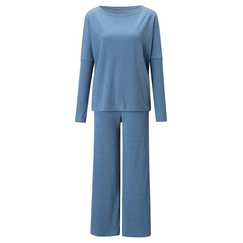 OceanusSwim - Solid Color Round Neck Long Sleeve Long Pants Knit Set
