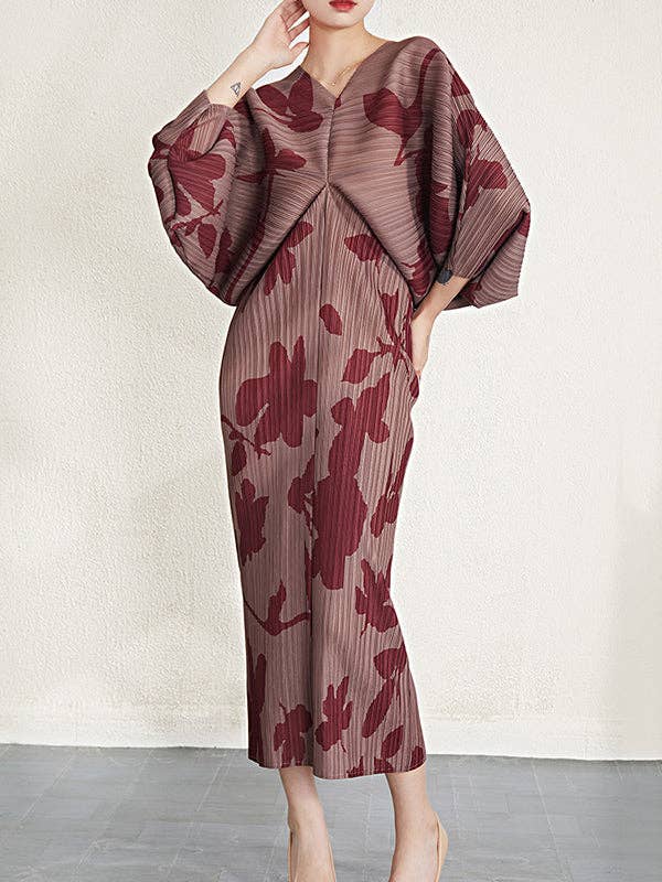 OceanusSwim - Batwing Sleeves Loose Pleated Printed V-Neck Midi Dresses