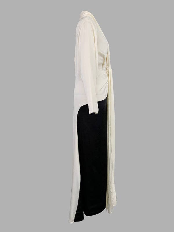 OceanusSwim - Long Sleeves Loose Contrast Color V-Neck Evening Dresses Maxi Dresses