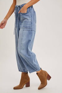 Denim Mid-Waist Drawstring Barrel Jeans