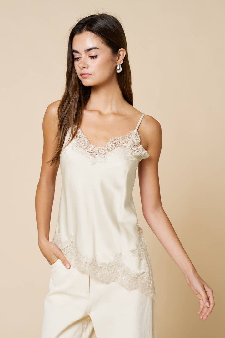 Asymmetrical Satin Cami With Lace Trim