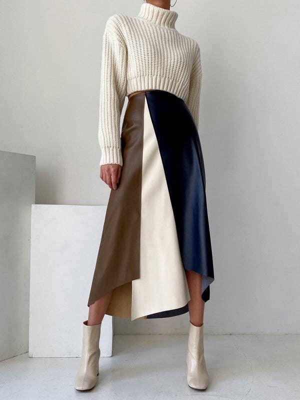 OceanusSwim - A-Line High Waisted Asymmetric Contrast Color Split-Front Skirts Bottoms