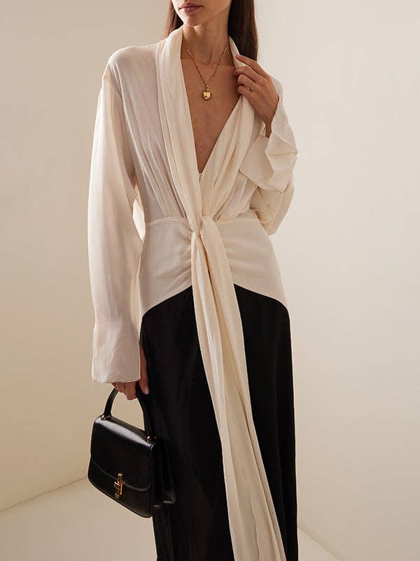 OceanusSwim - Long Sleeves Loose Contrast Color V-Neck Evening Dresses Maxi Dresses