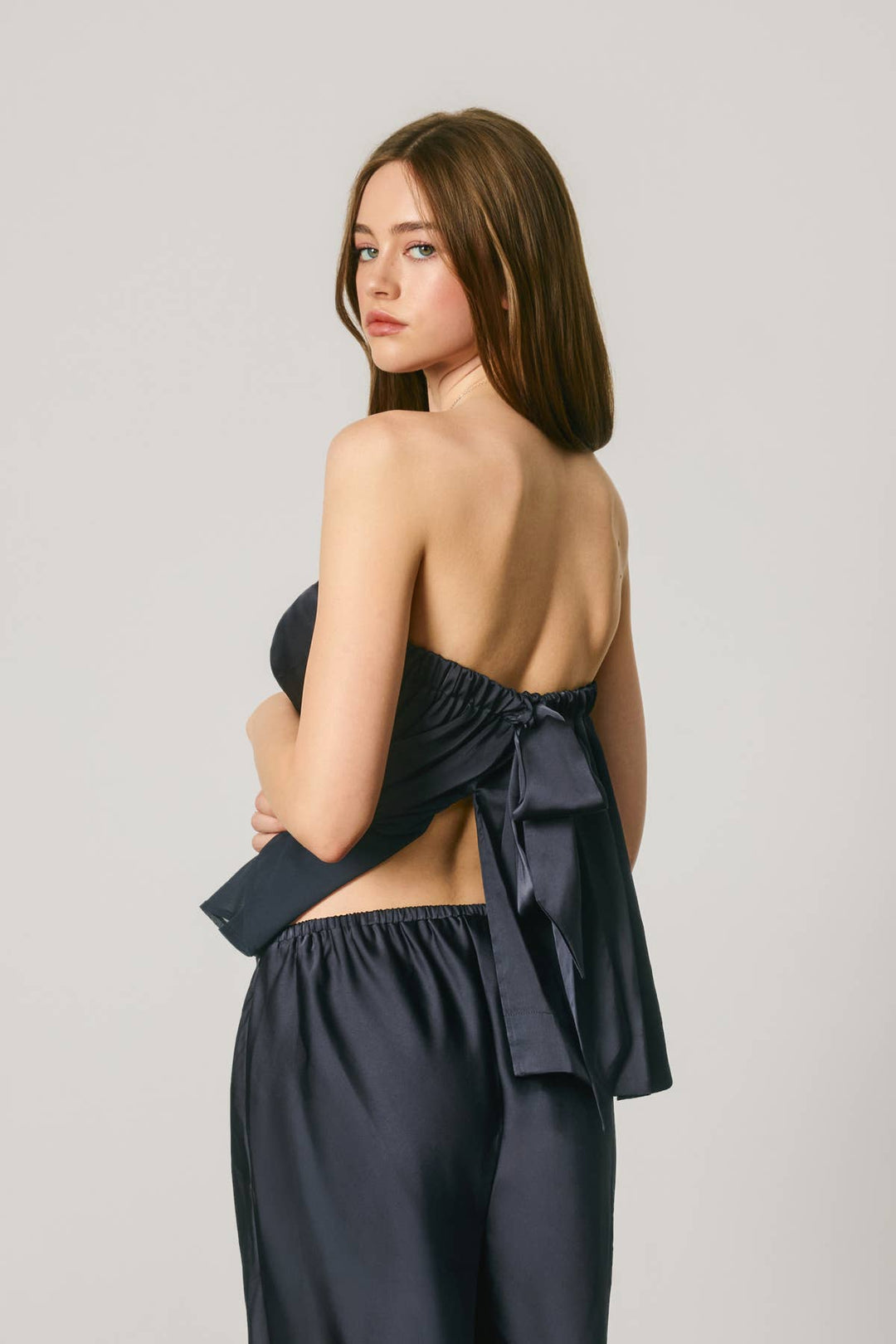 Satin Strapless Bow Back Top
