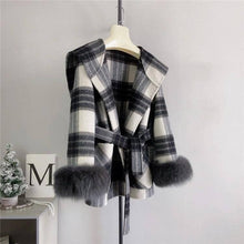 Load image into Gallery viewer, Plaid Cashmere Coat with Faux Fur and Removable Hood