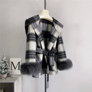 Plaid Cashmere Coat with Faux Fur and Removable Hood