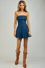 Load image into Gallery viewer, DENIM STRAPLESS PLEATED MINI DRESS