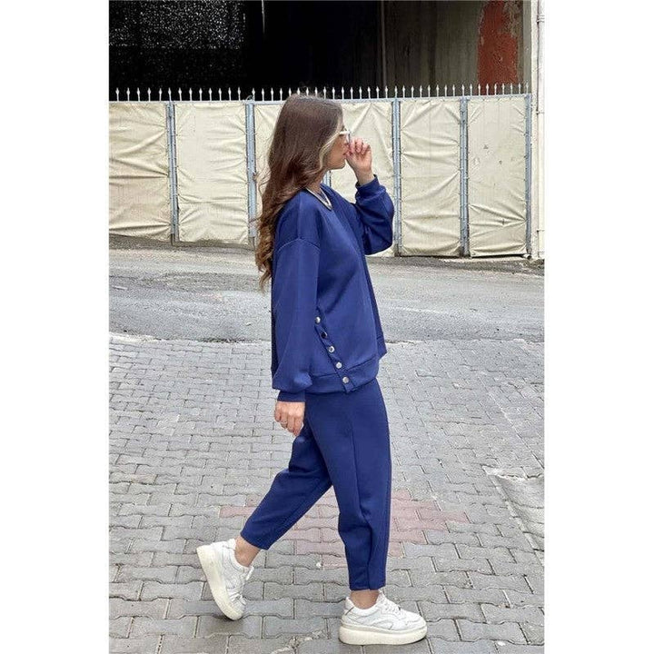 OceanusSwim - Solid Color Crewneck Long Sleeve Sweatshirt And Sport Pants Two Pieces Suit
