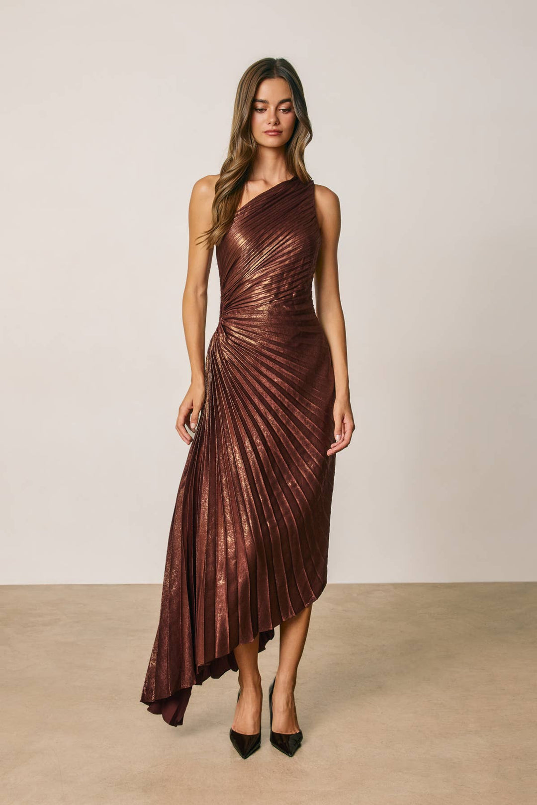 Metallic One Shoulder Asymmetrical Pleated Dress