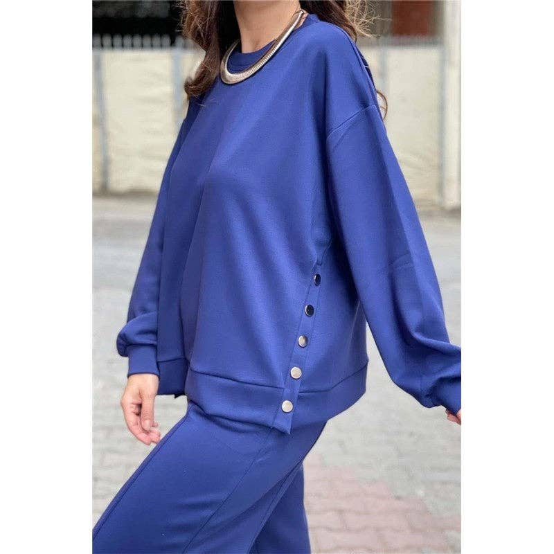 OceanusSwim - Solid Color Crewneck Long Sleeve Sweatshirt And Sport Pants Two Pieces Suit