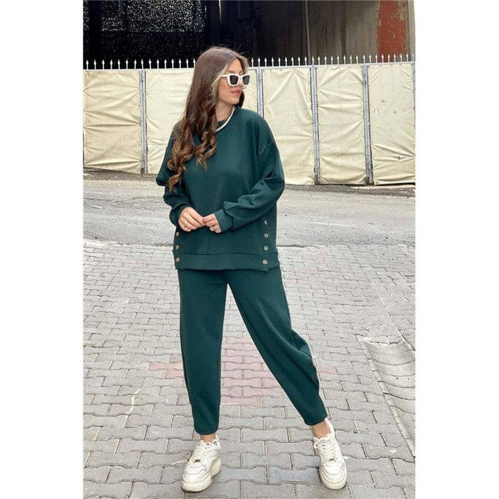 OceanusSwim - Solid Color Crewneck Long Sleeve Sweatshirt And Sport Pants Two Pieces Suit