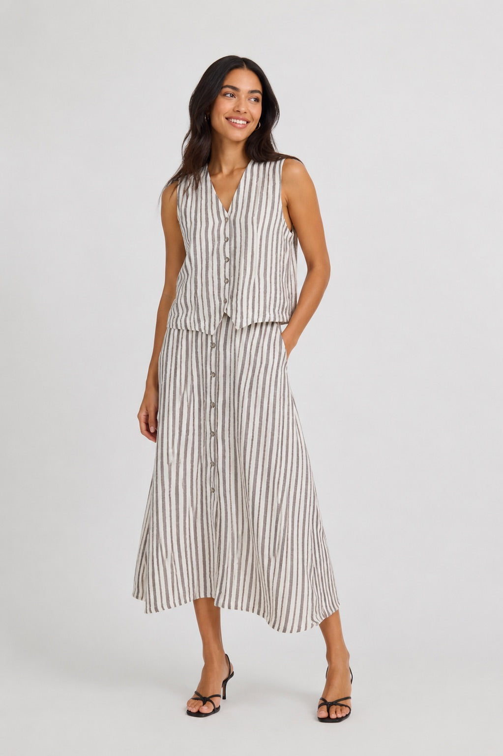 Stripe Button Maxi Skirt