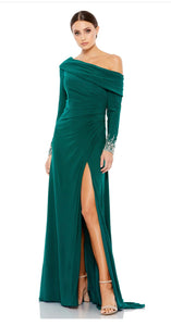 Beaded Cuff Gown in Emerald