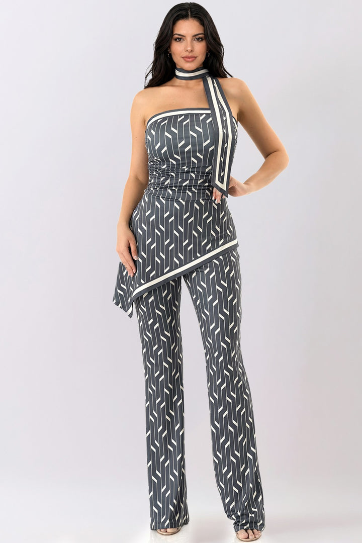 Geometric Print Jumpsuit with Scarf