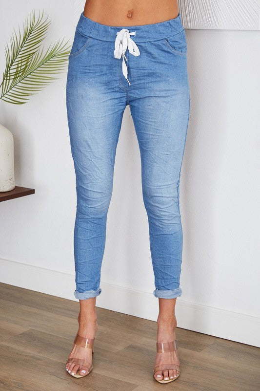 Distressed Denim Crinkle Jogger