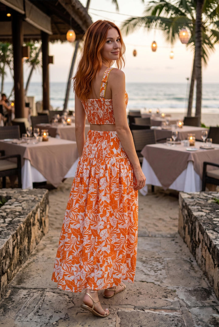 Tropical Leaf Print Top & Skirt Set