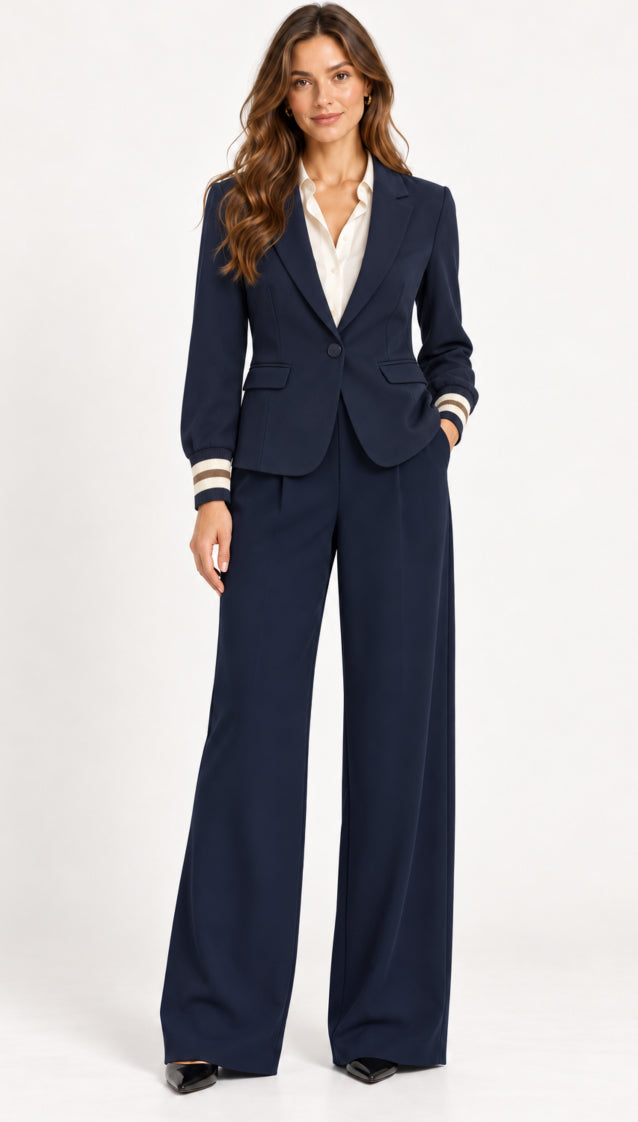 Navy Blazer with Striped Rib Cuff