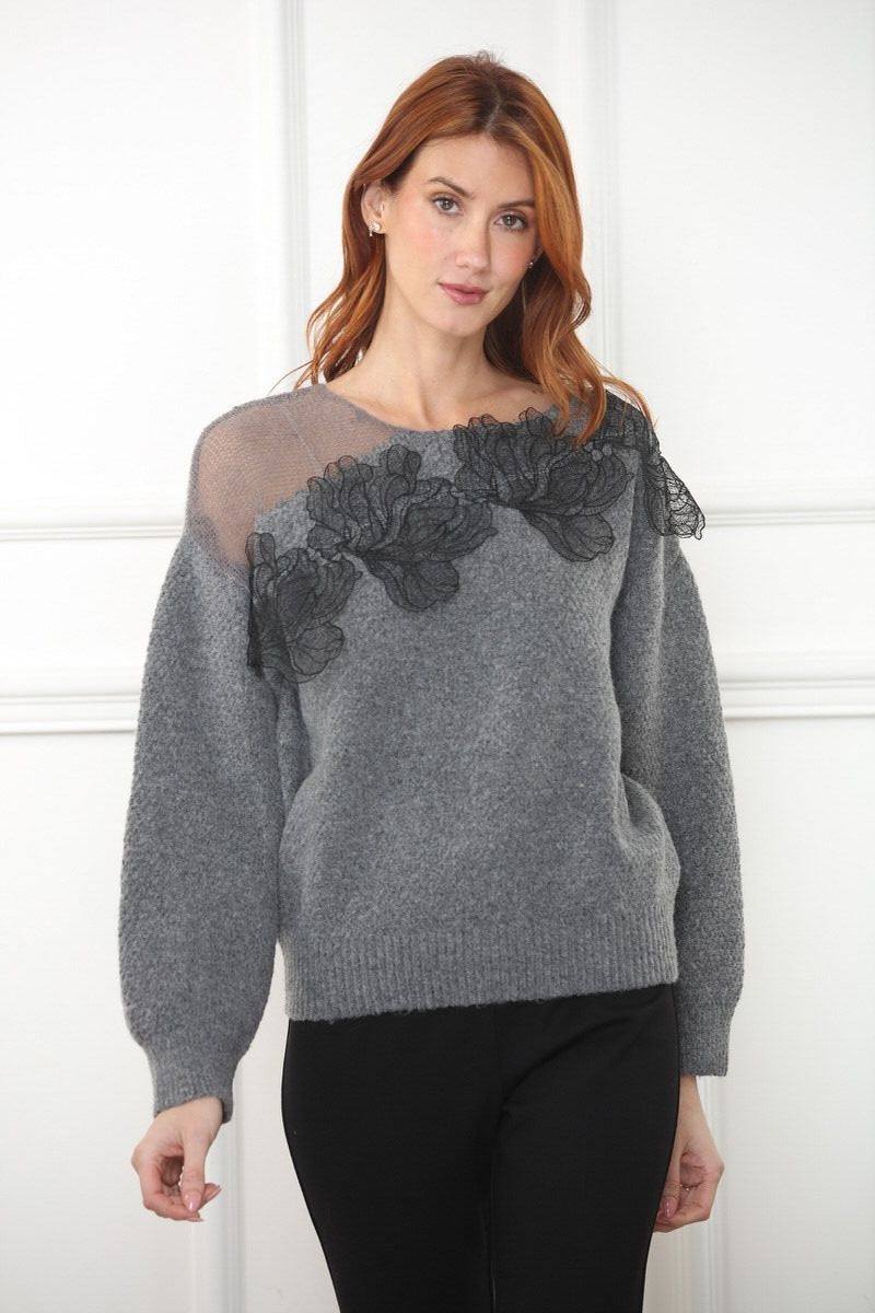 Lace Appliqué Mesh Sweater