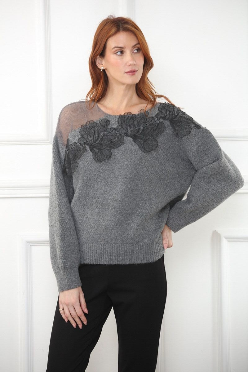 Lace Appliqué Mesh Sweater