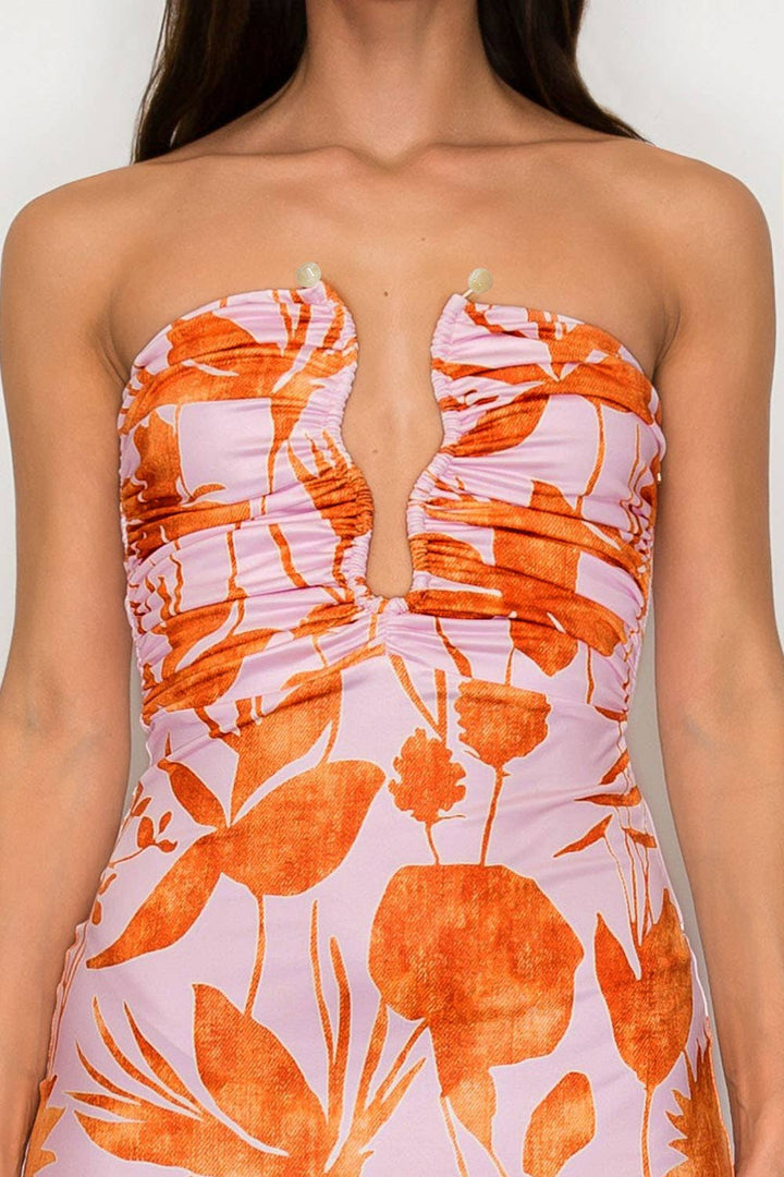 Deep V Ruched Floral Dress