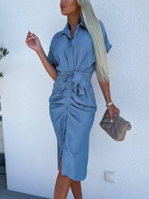 Load image into Gallery viewer, Ruched Shirt Dress in Denim Blue