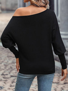 VividLux - Long Sleeves Loose Asymmetric Beaded One-Shoulder T-Shirts Tops