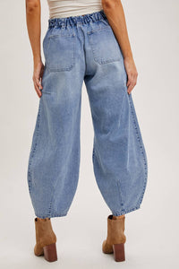 Denim Mid-Waist Drawstring Barrel Jeans