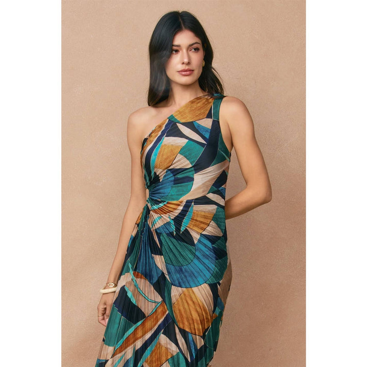 Palm Mirage Asymmetrical Pleated Maxi Dress