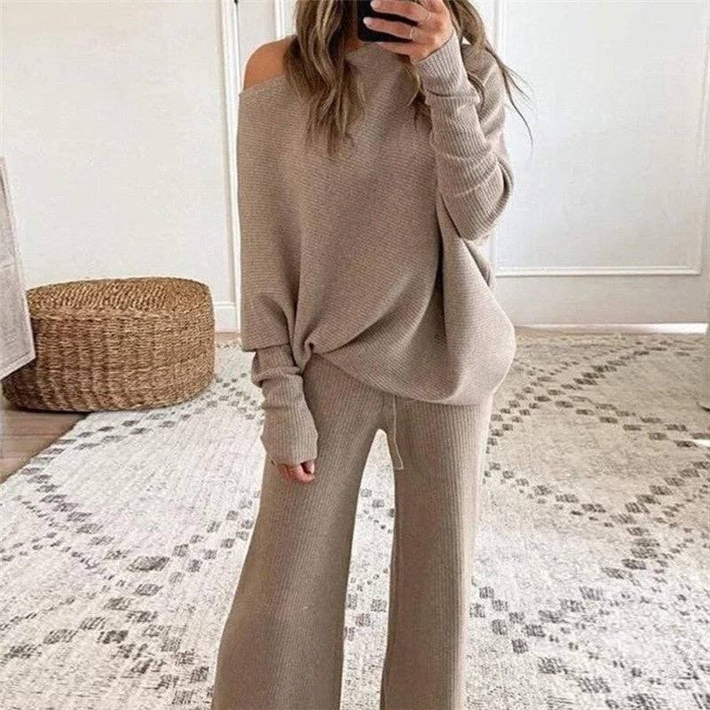 OceanusSwim - Solid Color Round Neck Long Sleeve Long Pants Knit Set