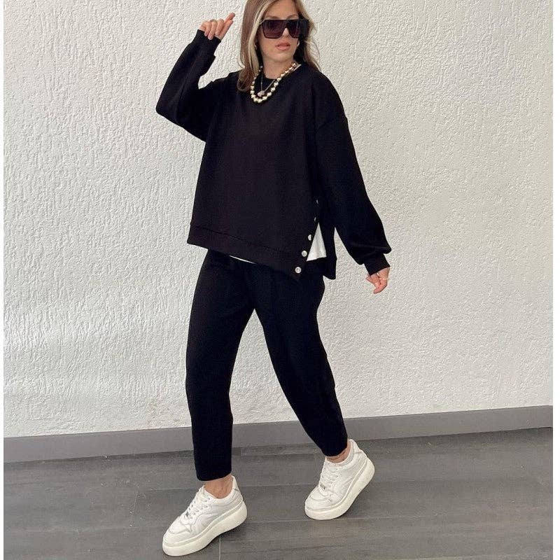 OceanusSwim - Solid Color Crewneck Long Sleeve Sweatshirt And Sport Pants Two Pieces Suit