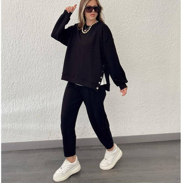OceanusSwim - Solid Color Crewneck Long Sleeve Sweatshirt And Sport Pants Two Pieces Suit